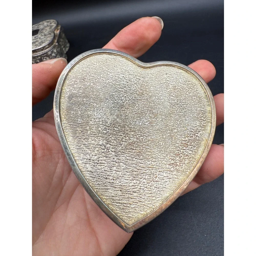 Vintage Silver‑Tone Heart Trinket Box Gold‑Bow‎ Hinged Jewelry Keepsake Engraved